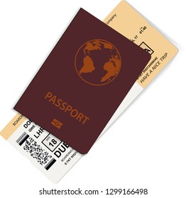 Passport and travel ticket or boarding pass illustration. Vector passport with airline boarding pass tickets inside isolated over white background.