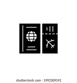 Passport and travel ticket vacation icon in solid black flat shape glyph icon, isolated on white background 