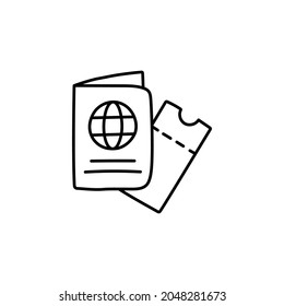 Passport and travel ticket vacation icon in flat black line style, isolated on white background 