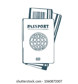 Passport and travel tickets hand drawn illustration.
Vector passport with tickets isolated on white background.