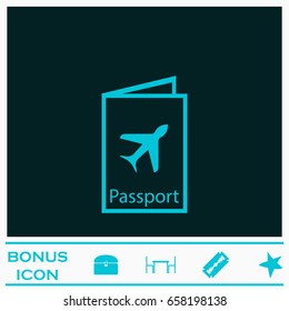 Passport travels icon flat. Blue pictogram on dark background. Vector illustration symbol and bonus icons