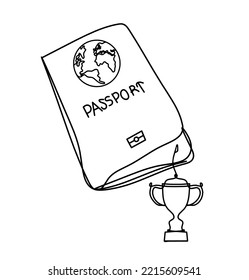 Passport with trophy as line drawing on white background. Vector