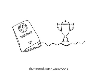 Reisepass mit Trophäe als Linienzeichnung auf weißem Hintergrund. Vektorgrafik