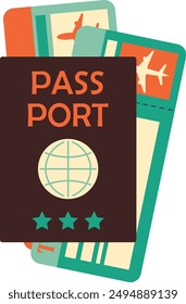 Passport and two boarding passes icon. Tourist item traveling vector concept. Ticket template in flat style. Vintage colors