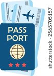 Passport with two boarding passes inside. Airplane tickets in cartoon stylisation. Travel and tourism vector concept in flat style