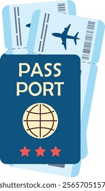 Passport with two boarding passes inside. Airplane tickets in cartoon stylisation. Travel and tourism vector concept in flat style