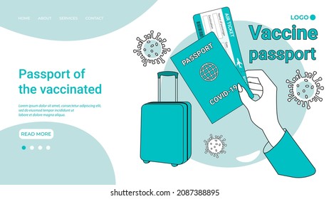 Passport of the vaccinated .Prevention of COVID-19.Vaccine passport on the background of a ticket and a suitcase.An illustration in the style of a landing page in green.