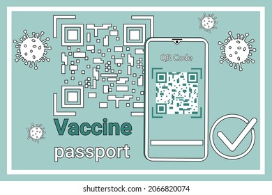 Passport vaccinated QR code usage.A poster calling for compliance with safety measures during the COVID-19 coronavirus epidemic. Personal hygiene and safety.Flat vector illustration.