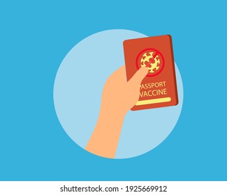 Passport Vaccine concept: Passport book with corona virus on the cover. Covid-19 crisis. Cartoon vector style for your design.