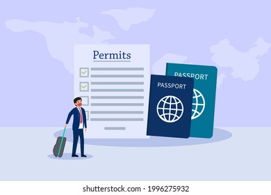 Concepto de vector de pasaporte. Empresario con documentos de permisos y pasaporte