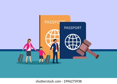 Passport vector concept. Refugee with passport and a judge gavel