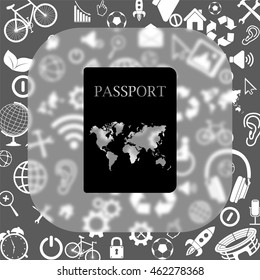Passport vector icon - matte glass button on background consisting of  different icons