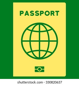 Passport vector icon. Style is flat yellow symbol, rounded angles, green background.