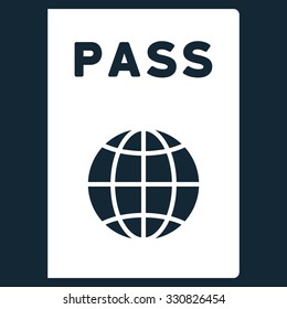 Passport vector icon. Style is flat white symbol, rounded angles, dark blue background.