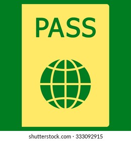 Passport vector icon. Style is flat yellow symbol, rounded angles, green background.