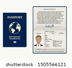 Passport. Vector illustration. Cover and identity pages. Document template isolated on white. Passport pages with sample data, photo and signature.  Tourism or personal data verification concept.