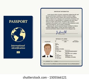 Passport. Vector illustration. Cover and identity pages. Document template isolated on white. Passport pages with sample data, photo and signature.  Tourism or personal data verification concept.