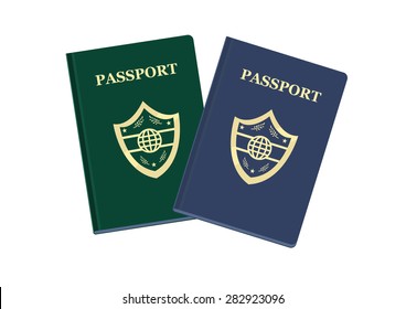 Passport Vectors in Green and Blue. Editable Clip Art illustration.