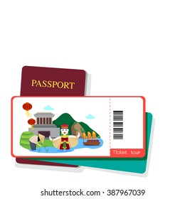 Passport and vietnam tourist ticket on white background.