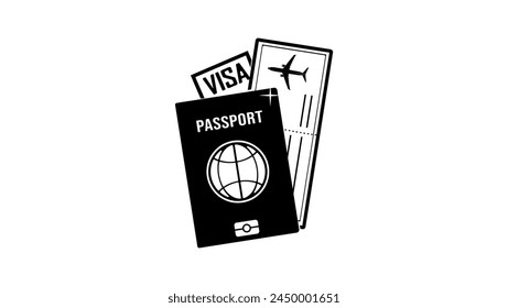 Passport visa, air ticket, emblem, black isolated silhouette