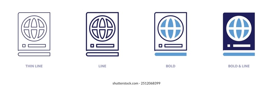 Ícone de compromisso de visto de passaporte em 4 estilos diferentes. Linha fina, Linha, Negrito e Linha Negrito. Estilo duotônico. Traçado editável.