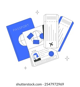 Passaporte, Visto E Bilhetes De Embarque Em Ilustração De Vetor Plano Simbolizando Viagens Internacionais, Documentação E Turismo, Isolados Sobre Fundo Branco