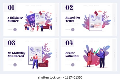 Passport and Visa Documents for Travel Website Landing Page. Traveling Immigration Stamp, People Leaving Country for Trip, Tourism and Passport Control Web Banner. Cartoon Flat Vector Illustration