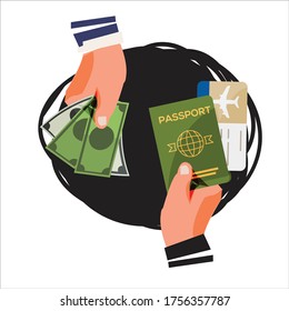 Passport and Visa Fraud. money exchange with fake passport - vector