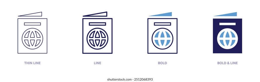 Ícone do visto de passaporte em 4 estilos diferentes. Linha fina, Linha, Negrito e Linha Negrito. Estilo duotônico. Traçado editável.