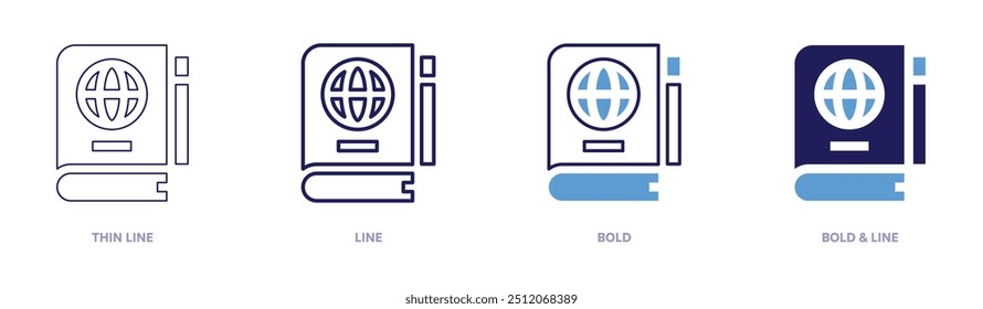 Ícone do serviço de vistos de passaporte em 4 estilos diferentes. Linha fina, Linha, Negrito e Linha Negrito. Estilo duotônico. Traçado editável.