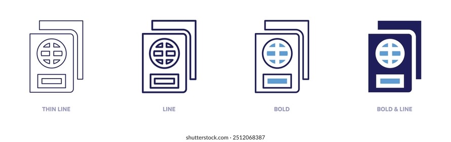 Ícone de processamento de visto de passaporte em 4 estilos diferentes. Linha fina, Linha, Negrito e Linha Negrito. Estilo duotônico. Traçado editável.