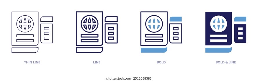 Ícone de requisitos de visto de passaporte em 4 estilos diferentes. Linha fina, Linha, Negrito e Linha Negrito. Estilo duotônico. Traçado editável.