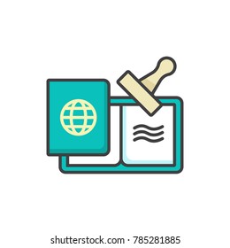 Passport with visa stamp flat line colored icon.
