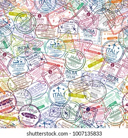 Passport Visa Stamp Seamless Pattern. Travel Background With Visa Stamp Of Different Countries Of Europe And Asia. Vector