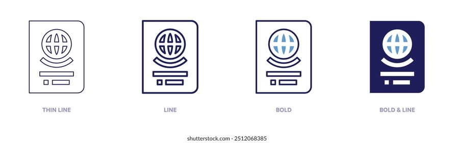 Ícone de carimbo de visto de passaporte em 4 estilos diferentes. Linha fina, Linha, Negrito e Linha Negrito. Estilo duotônico. Traçado editável.