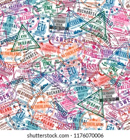 Passport visa stamps, seamless pattern. International and immigration office rubber stamps. Traveling and tourism concept, vintage background. Vector