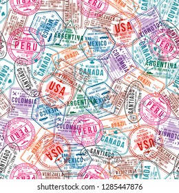 Passport visa stamps, seamless pattern. International and immigration office rubber stamps. Traveling and tourism concept background. Vector