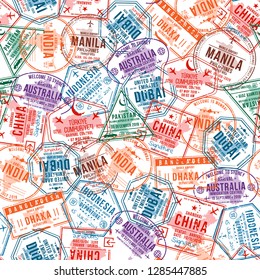 Passport visa stamps, seamless pattern. International and immigration office rubber stamps. Traveling and tourism concept background. Vector