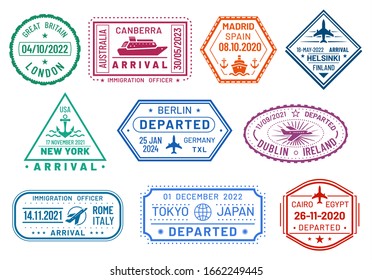 Passport visa stamps set, arrival and departure