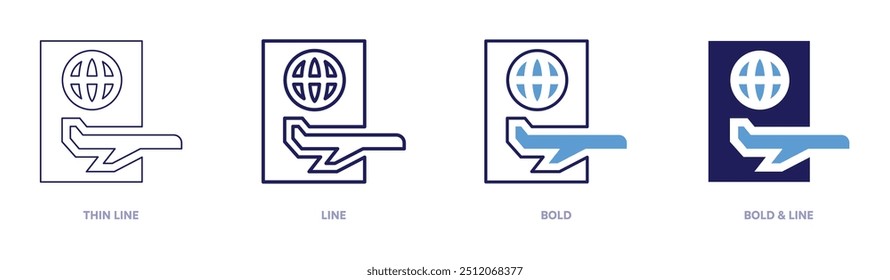 Ícone de viagem do visto do passaporte em 4 estilos diferentes. Linha fina, Linha, Negrito e Linha Negrito. Estilo duotônico. Traçado editável.