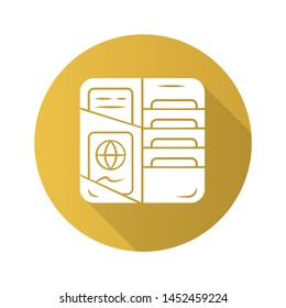 Passport wallet flat design long shadow glyph icon. Organised documents, cards and tickets. ID, cash and credit card holder, organiser, carrying case. Trip equipment.Vector silhouette illustration