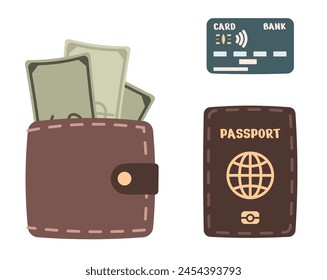 Passport, wallet with money and bank card on an isolated background. Vacation, travel around the world, adventure. Hand-drawn in trendy style. Colorful flat vector illustration