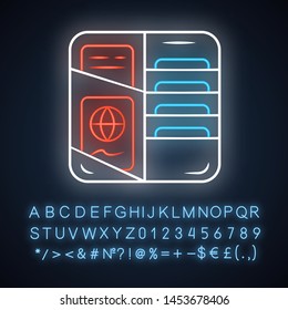 Passport wallet neon light icon. Organised documents, cards and tickets. ID, cash and credit card holder, organiser. Glowing sign with alphabet, numbers and symbols. Vector isolated illustration
