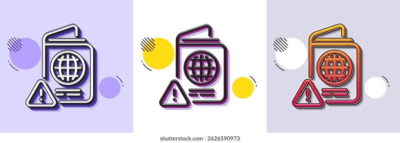 Passport warning line icon. Halftone dotted pattern. Gradient icon with grain shadow. Attention triangle sign. Citizenship document alert symbol. Line passport warning icon. Various designs. Vector