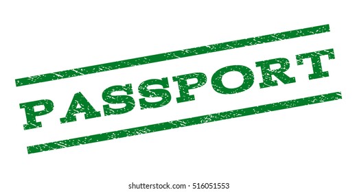 Passport watermark stamp. Text caption between parallel lines with grunge design style. Rubber seal stamp with unclean texture. Vector green color ink imprint on a white background.