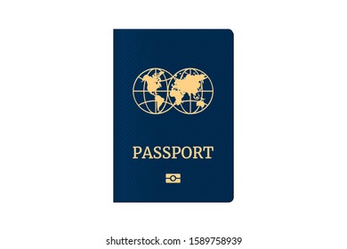 Passport with world map globe on blue cover. Biometric identification document for travel template. Vector illustration