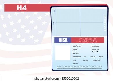 Passport/American VISA page for the Class R, Visa Type/H4, is issued to dependent family members (spouse and children) of H1 visa holders who would like to accompany the H1B visa holder. Copy Space 