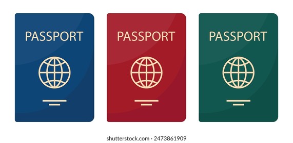 Passports with covers of different colors. Personal identification document. Passport for travel and tourism. Travel, citizenship, migration concept. Vector illustration