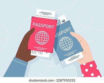Passports in hand. Travelers and tourists with tickets, boarding pass and documents. ID for immigration and relocation. Vacation and rest. Flights and trips. Cartoon flat vector illustration