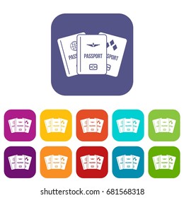 Passports icons set vector illustration in flat style in colors red, blue, green, and other